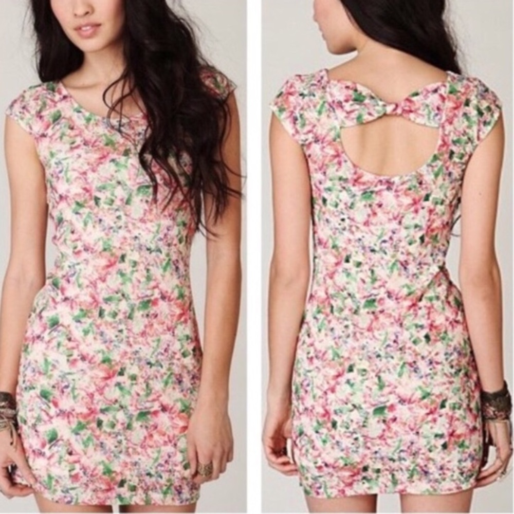 Free People Floral Cap-Sleeve Cutout Bow Dress in Pink, Green, Cream